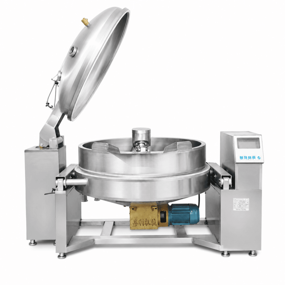 Tilting Kettle / Tilting Cooking Pan 600 L with Electric Heating, Electric Tilting, Side Discharge Valve, Electric Lid and Mixer - BASIC